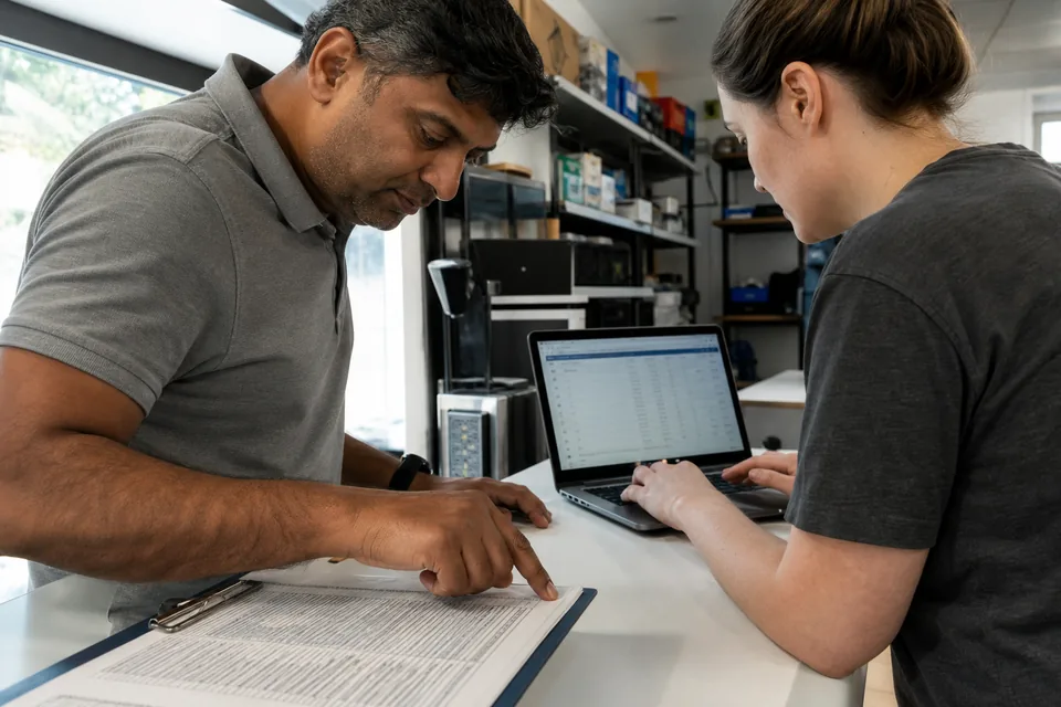 Two colleagues checking a printed price catalog while entering a quote on a laptop
