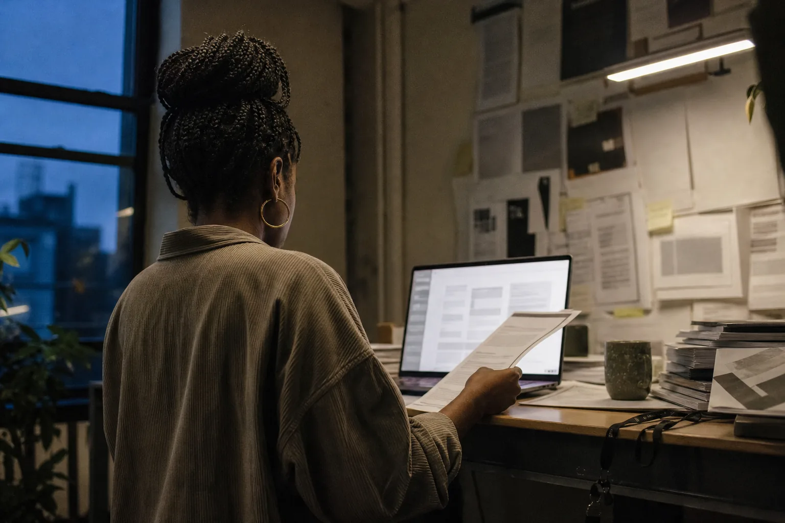An account manager at a standing desk finishing a proposal on her laptop while holding a curled printed brief