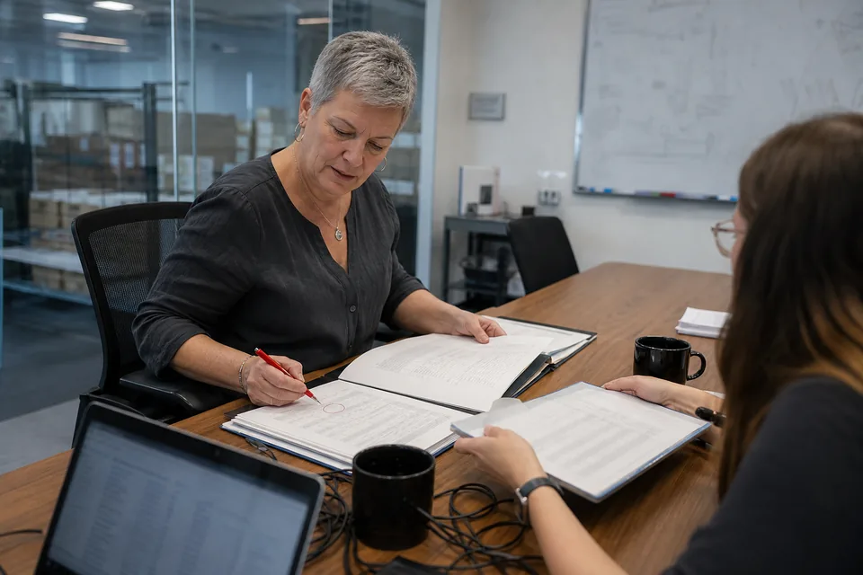 A sales director circling a line on a printed proposal in red while a colleague passes the next folder across a meeting table