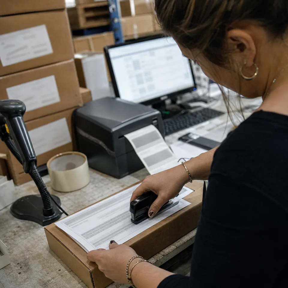 A one page order form being stapled to a packing slip on a cardboard box at a back room shipping station