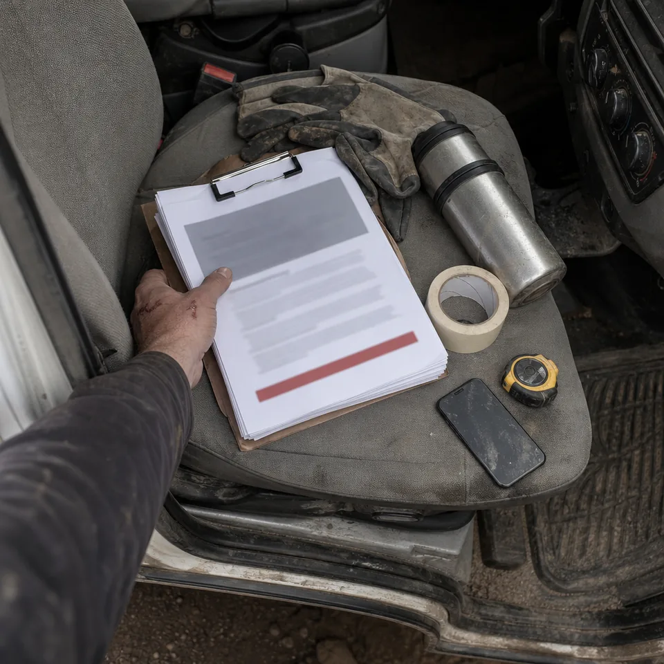 A clipped client proposal on the passenger seat of a work van as a hand reaches to pick it up