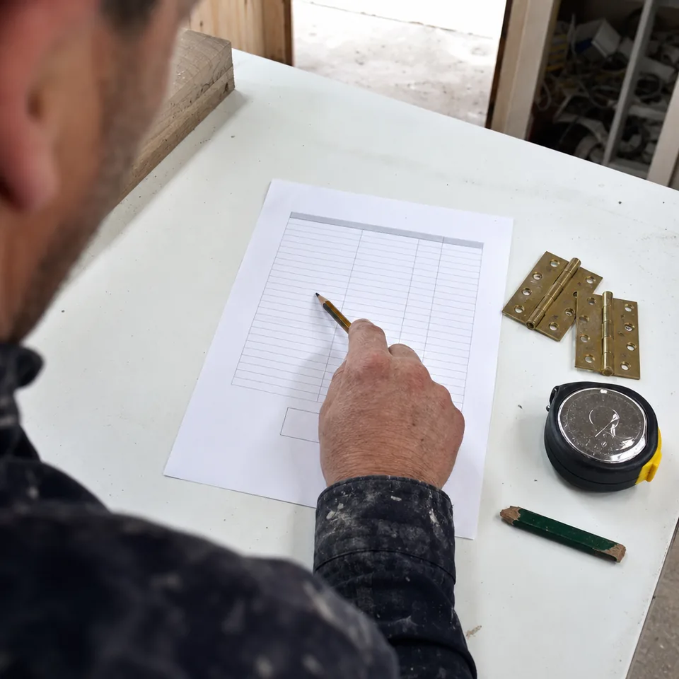 A man's hand pointing with a pencil at a row on a printed itemized quote next to a tape measure