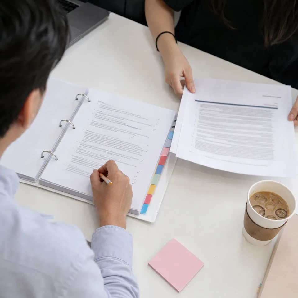 An RFP binder with coloured tabs open on a desk while a hand slides a printed answer sheet beside it
