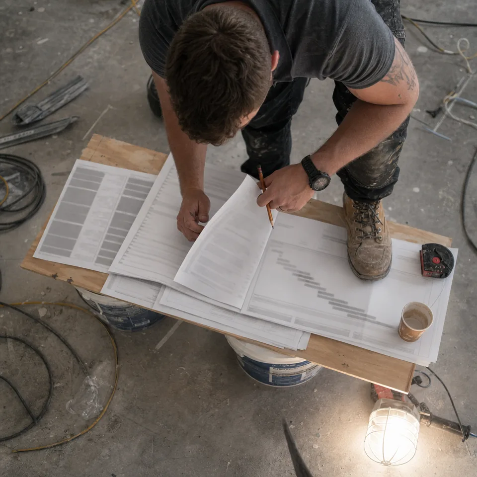 Statement of work pages with a milestone bar chart laid out on plywood on a renovation site while someone crouches over them with a pencil
