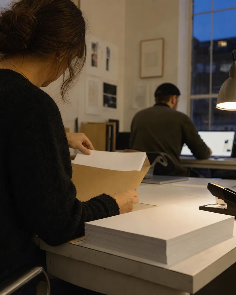 A woman sliding a freshly printed, stapled proposal into a kraft envelope under a desk lamp in a small studio