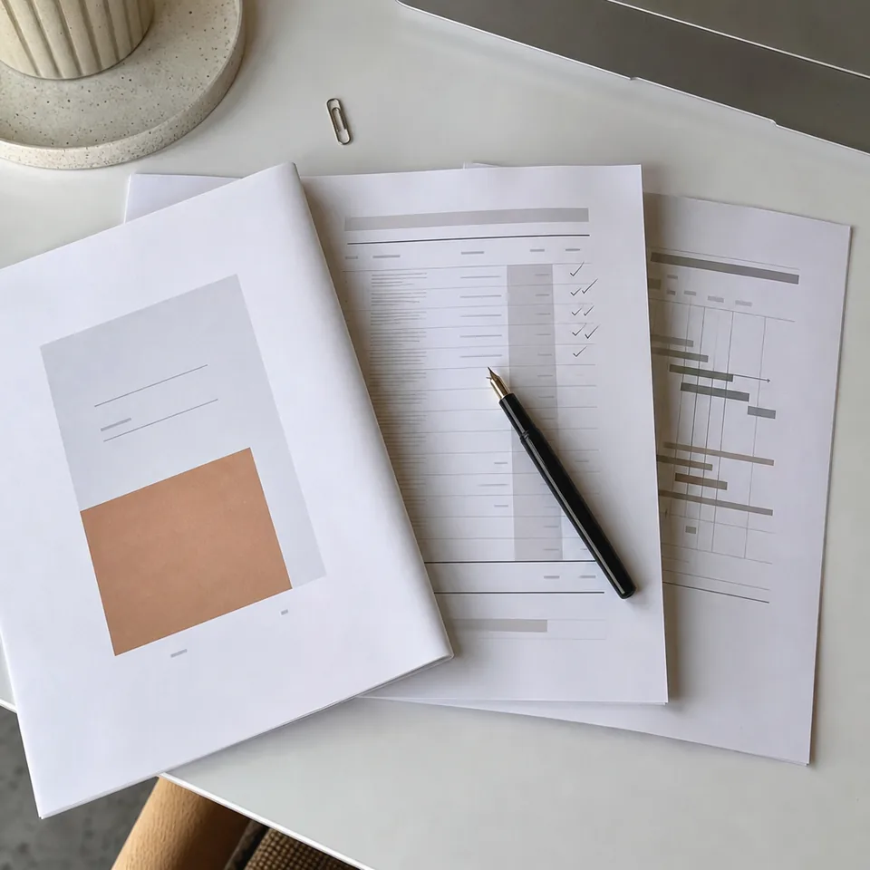 Printed proposal pages with a pricing table and a fountain pen on a white desk, seen from above