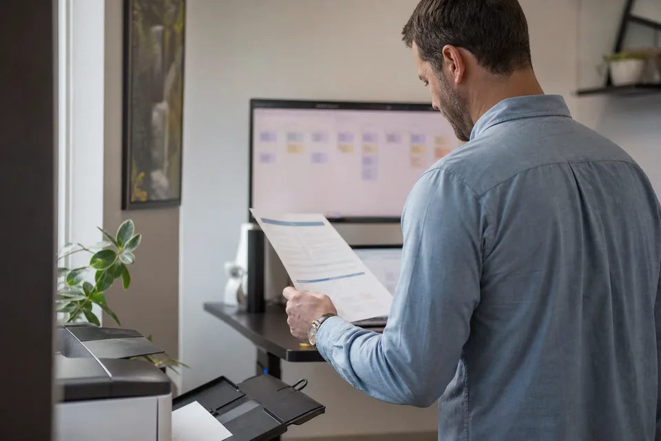 A sales operations manager taking a finished proposal out of the office printer