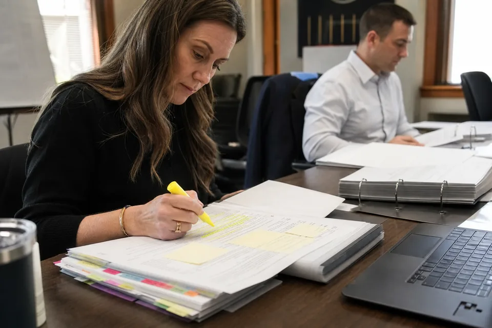 A bid manager highlighting requirements in a thick tabbed RFP binder