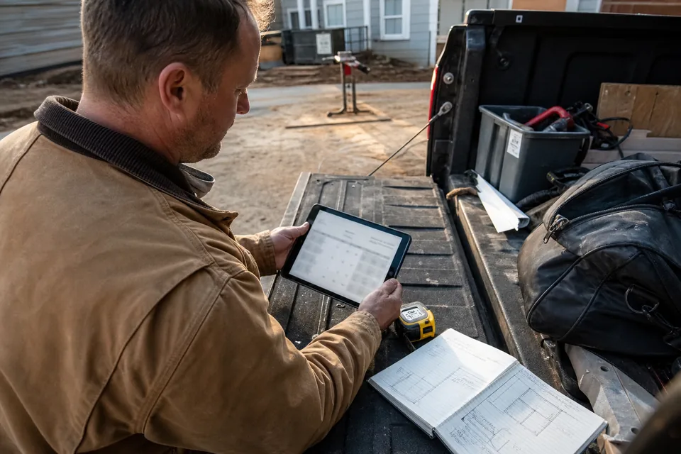 A contractor reviewing a quote on a tablet on the tailgate of his pickup