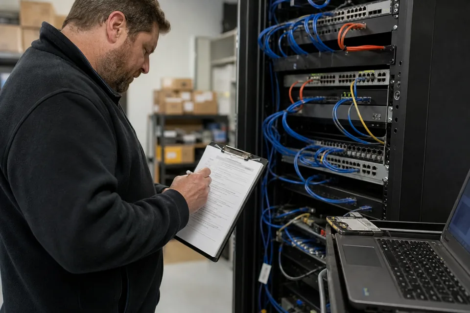 An IT technician ticking items on a printed statement of work in a server room