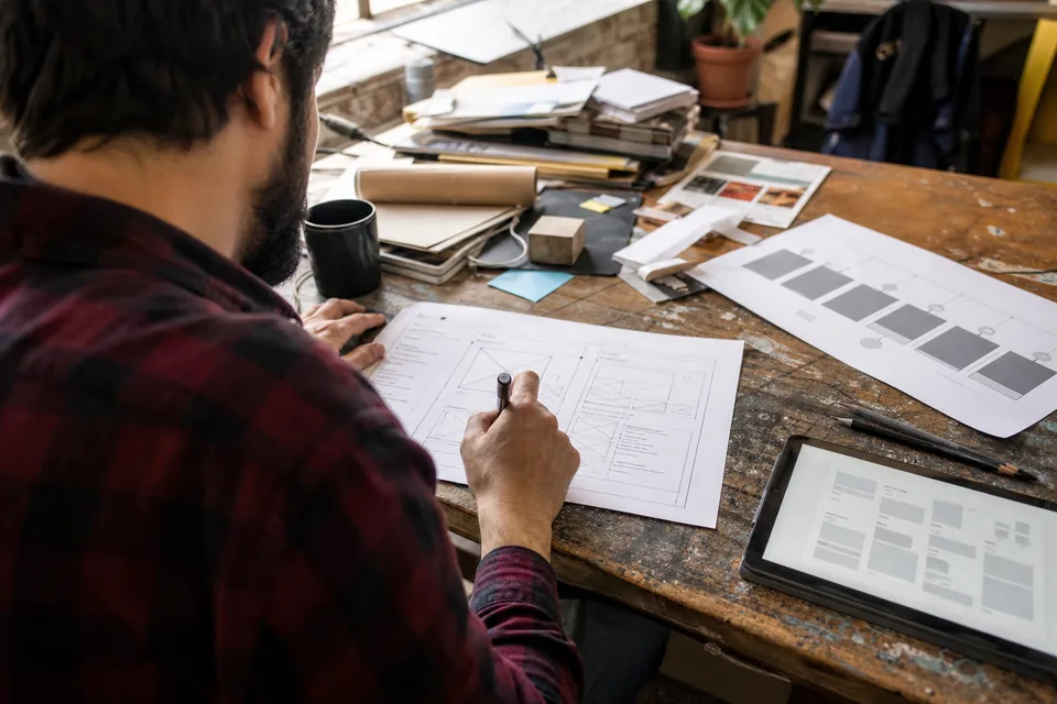 A web designer sketching a wireframe next to a printed website proposal